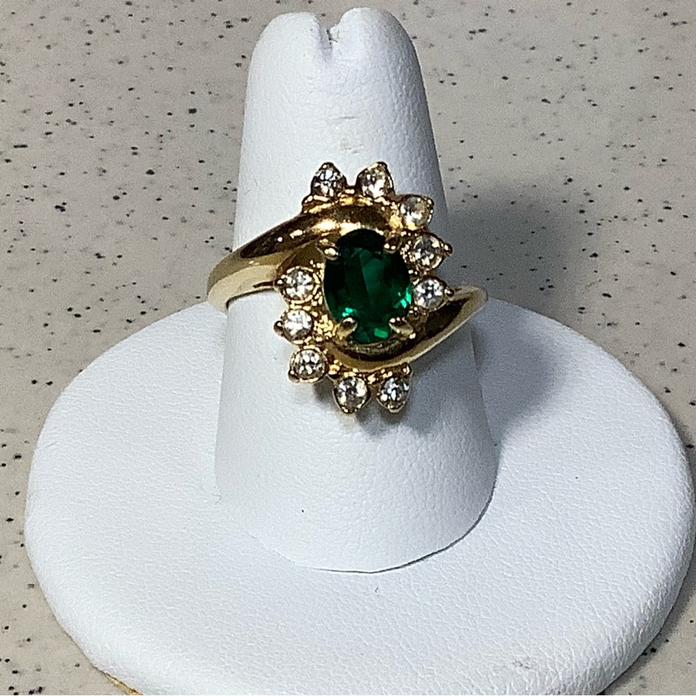 Gold tone Faux Oval Cut Emerald, with Rhinestones Cocktail Ring